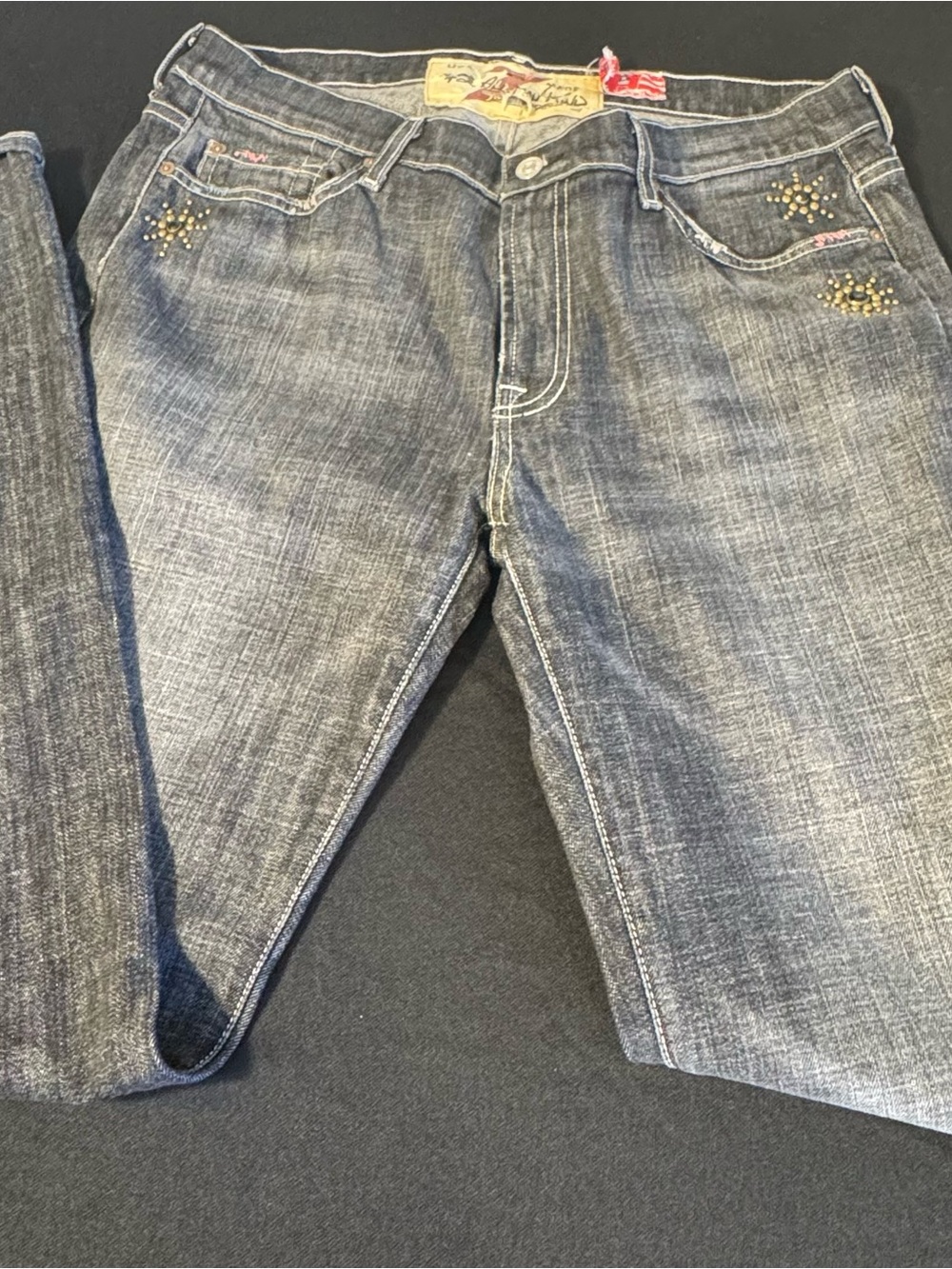 7 For All Mankind Men's Bootcut Jeans - Faded Blue with Gold Studs